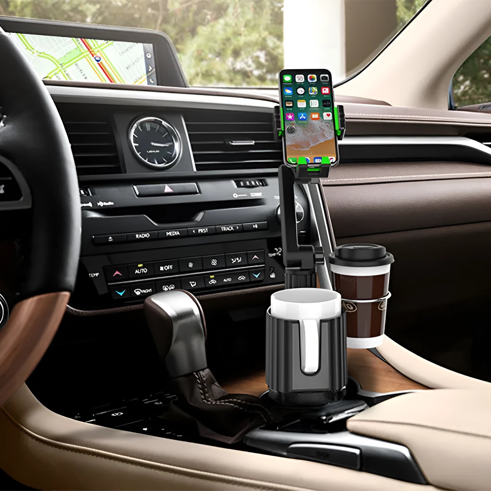 Green ABS plastic car cup holder organiser rack holding a travel mug and a mobile phone.