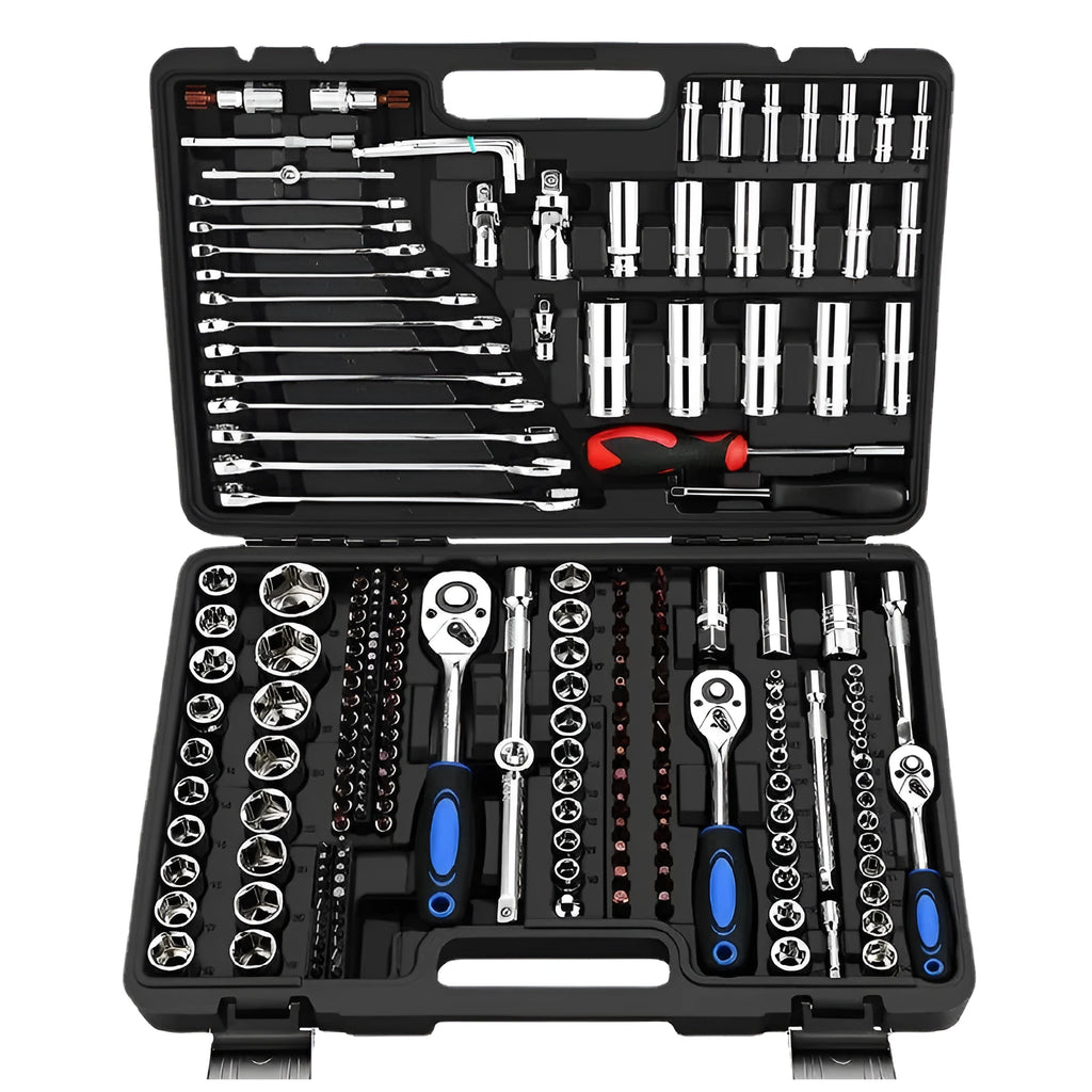 Cr-v chromium vanadium steel socket ratchet wrench set for auto and home repair.