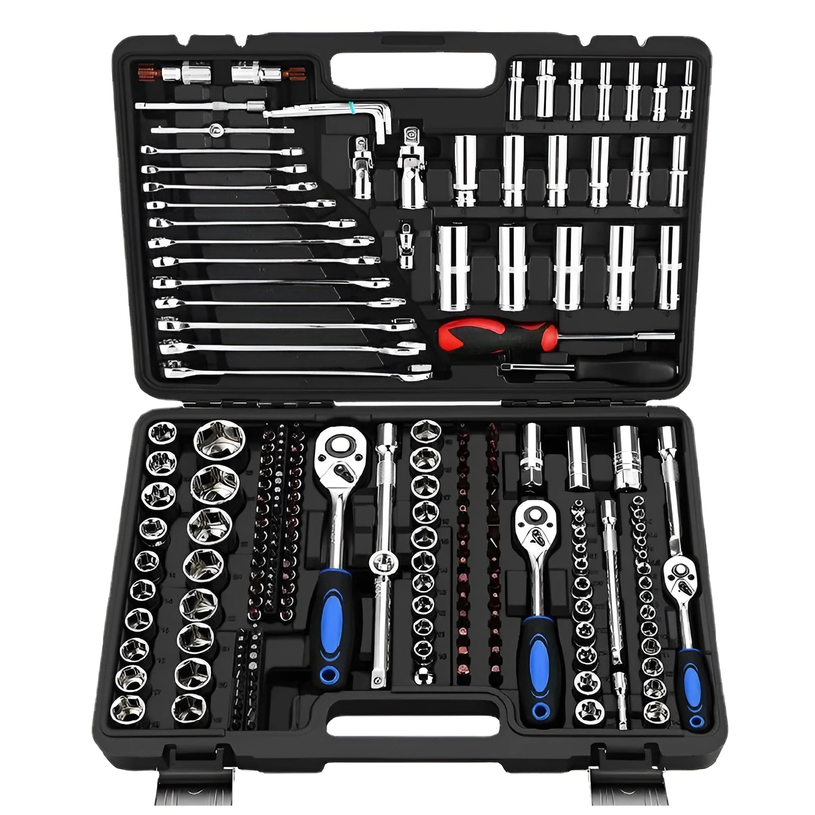 Cr-v chromium vanadium steel socket ratchet wrench set for auto and home repair.