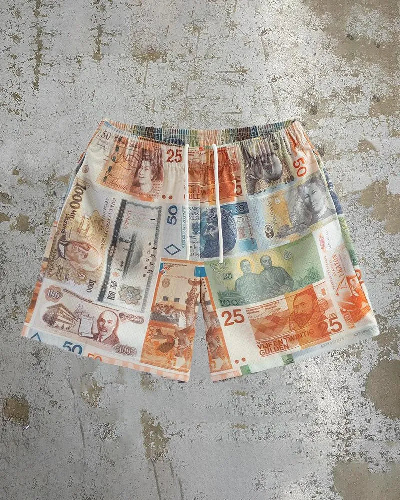 Men's loose fit beach shorts with digital print pattern in milk silk polyester fabric