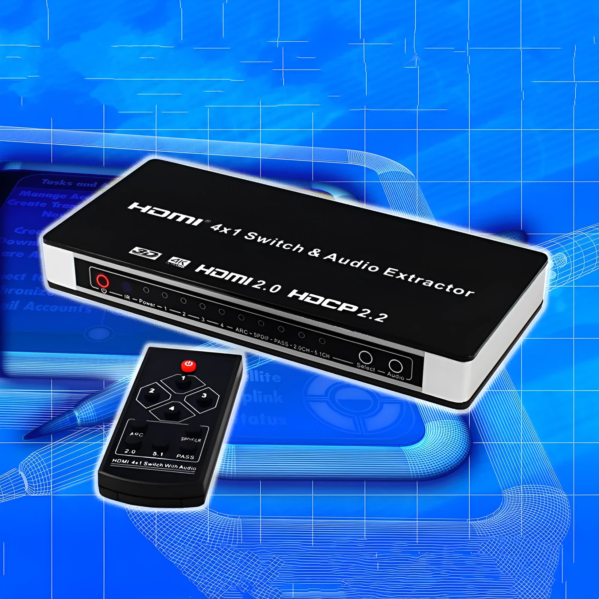 Black 4-port HDMI audio video switch with remote control and 10-metre HDMI cable