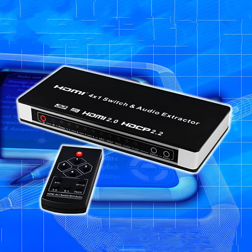 Black 4-port HDMI audio video switch with remote control and 10-metre HDMI cable