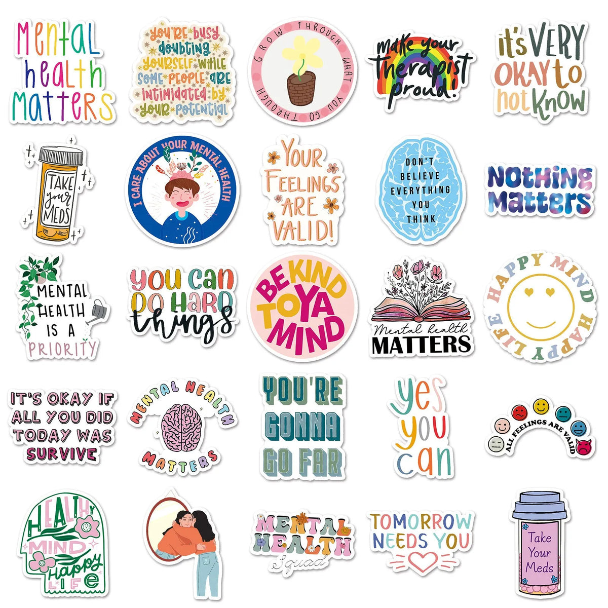 50 mental health graffiti stickers in English slogan designs, paper, 5.5-8.5cm, for phone cases and luggage
