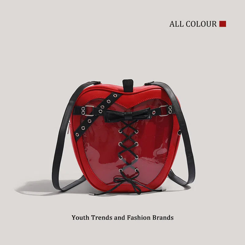 Red heart-shaped PU shoulder bag with stitched seams and single strap