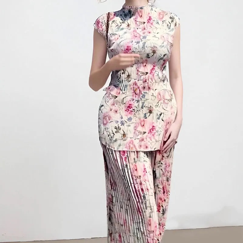 Long sleeve printed chiffon dress and matching skirt set on a hanger, high waist design