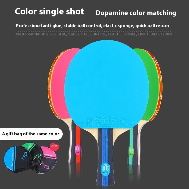 Colourful pure wood table tennis racket with high elasticity rubber and matching carry bag in choice of pink, blue or green shakehand grip.
