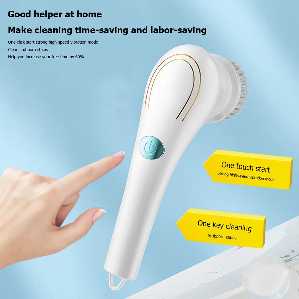 White USB rechargeable cordless electric cleaning brush with five different brush heads on a table.