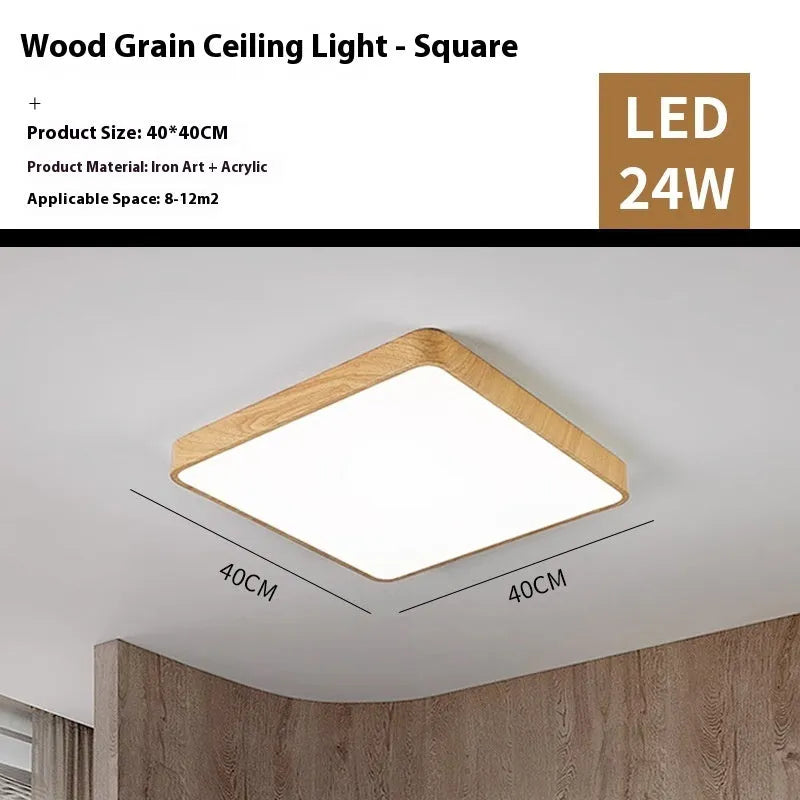 Nordic style square LED ceiling light with wood grain finish on iron frame, showing modern simple design