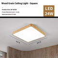 Nordic style square LED ceiling light with wood grain finish on iron frame, showing modern simple design