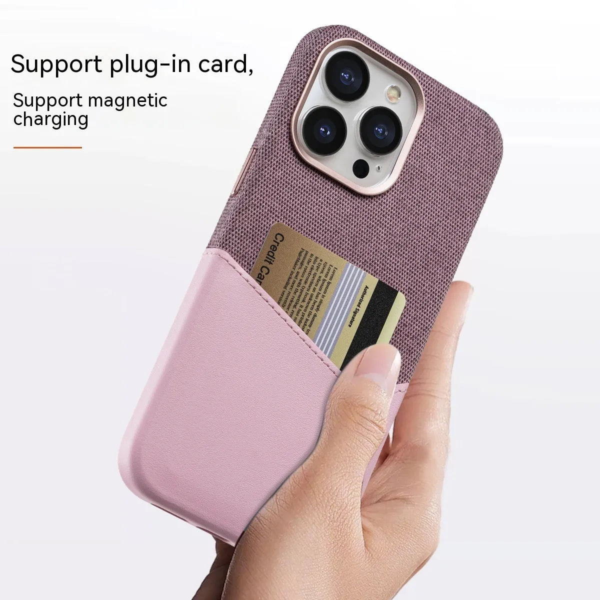 Imitation leather phone case with magnetic card slot, available in black, brown, pink and orange for iPhone 12-15 series.