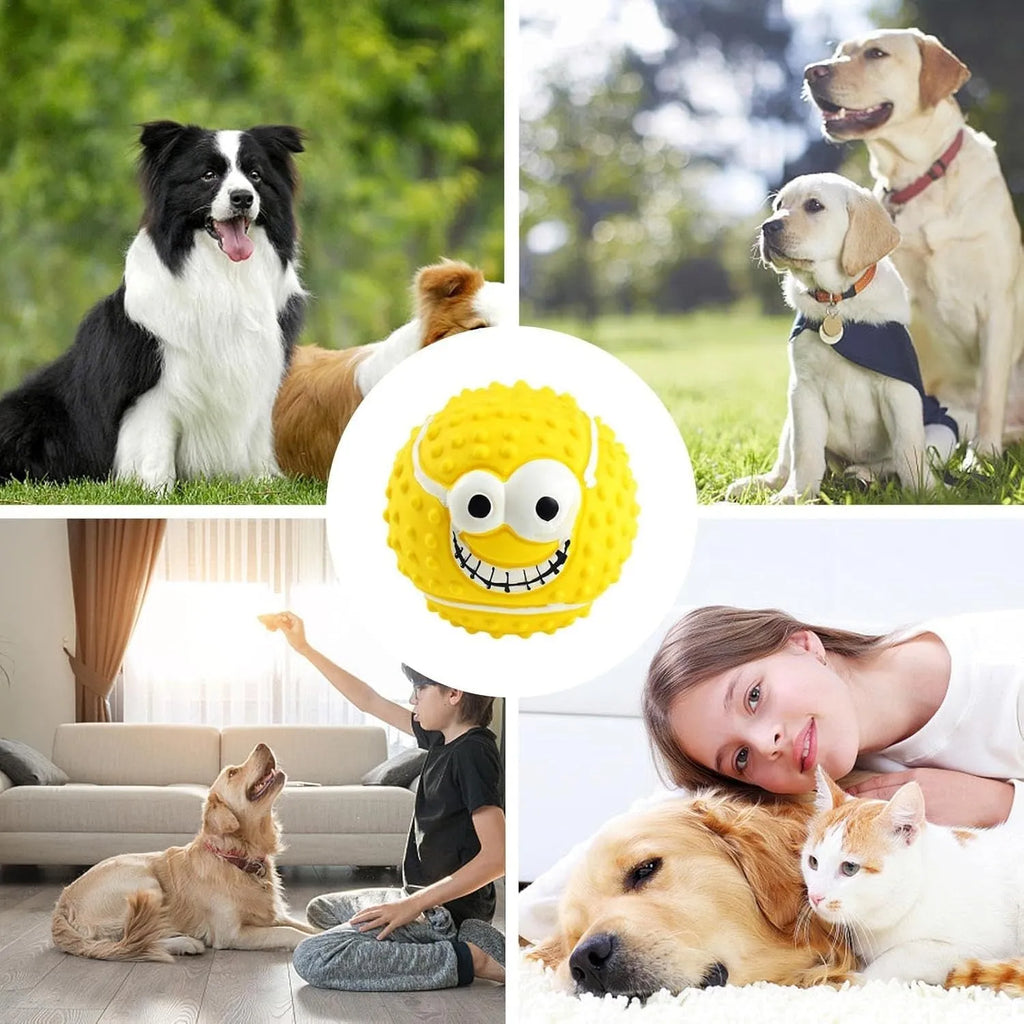 Green latex dog ball with smile face design showing squeaky chew toy