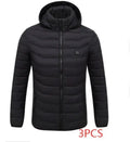 Men's USB heated jacket with carbon fiber pads, 3-level control, polyester shell, available in black, blue, red