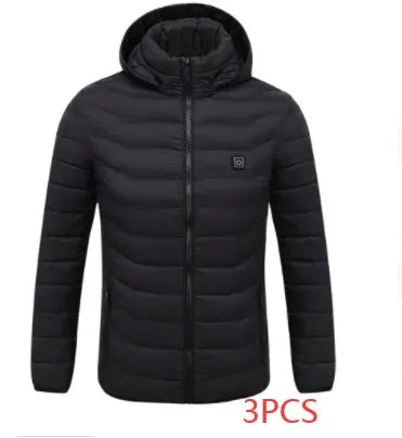 Men's USB heated jacket with carbon fiber pads, 3-level control, polyester shell, available in black, blue, red