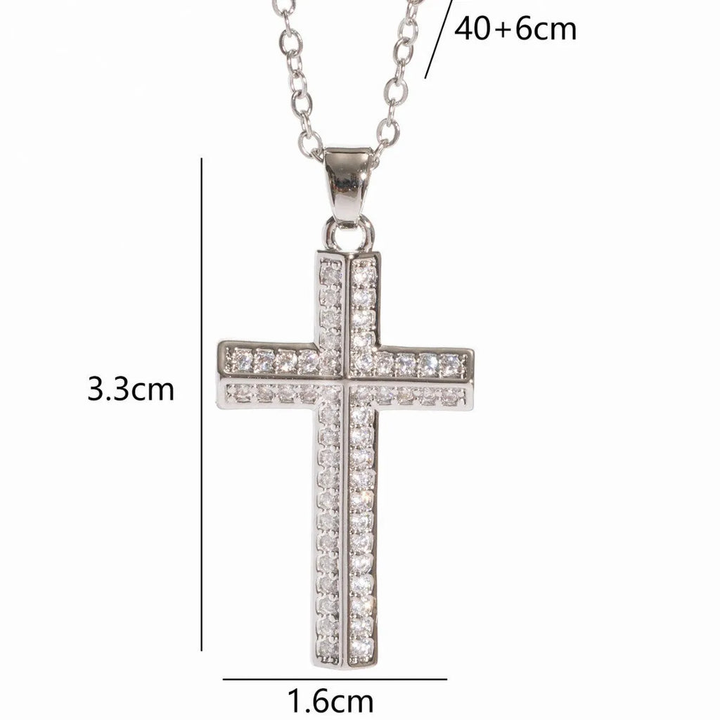 Real gold electroplated micro inlaid zircon cross necklace on copper pendant with O-ring chain, adjustable 41-50cm, simple geometric style