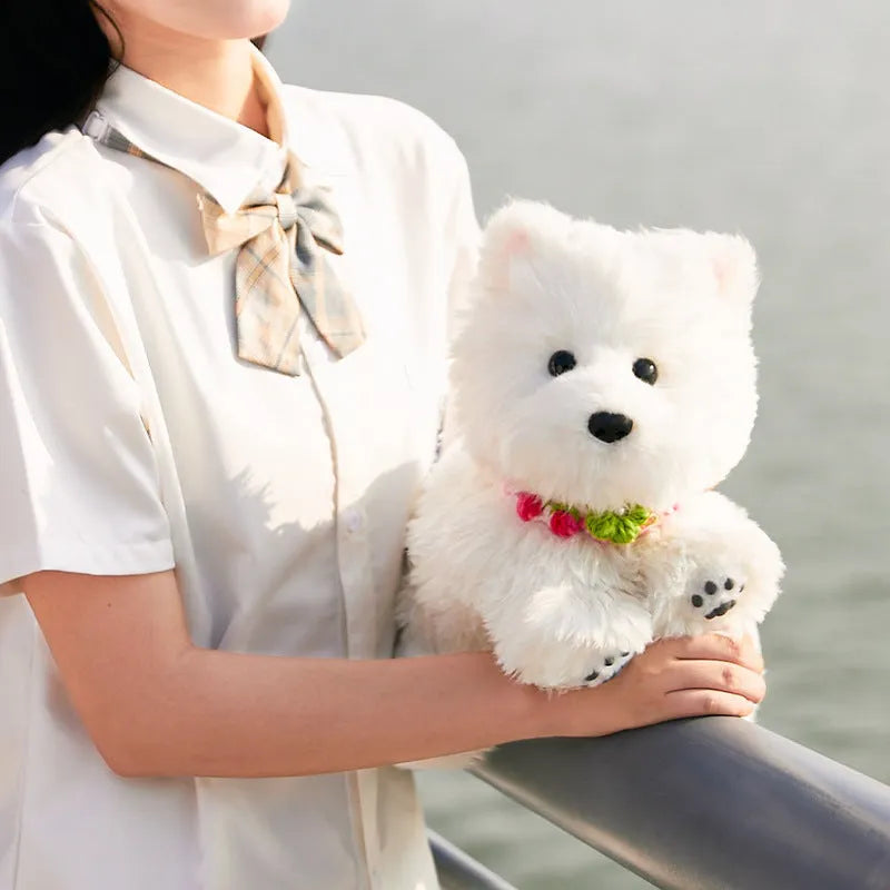 West Highland simulation plush dog wearing a JK plaid blue scarf in gift box packaging