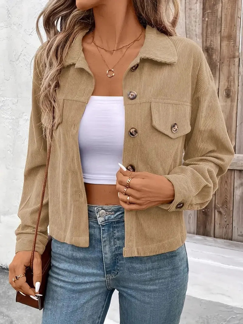 Women's retro style loose fit shirt coat jacket with long sleeves and button front in six colour options