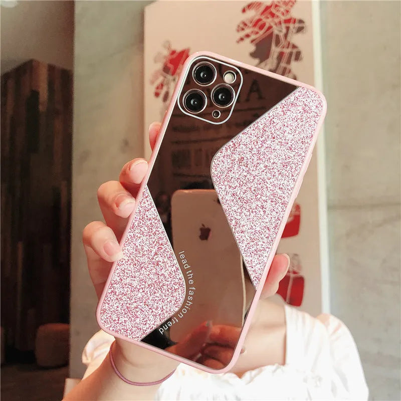 Glitter mirror iPhone case with rhinestone detailing in black, blue or pink colours