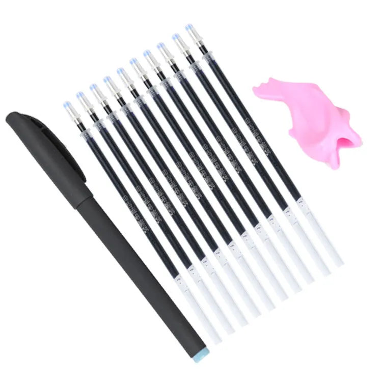 Portable plastic pen holder and eight 0.5mm blue ink refills on a white background.