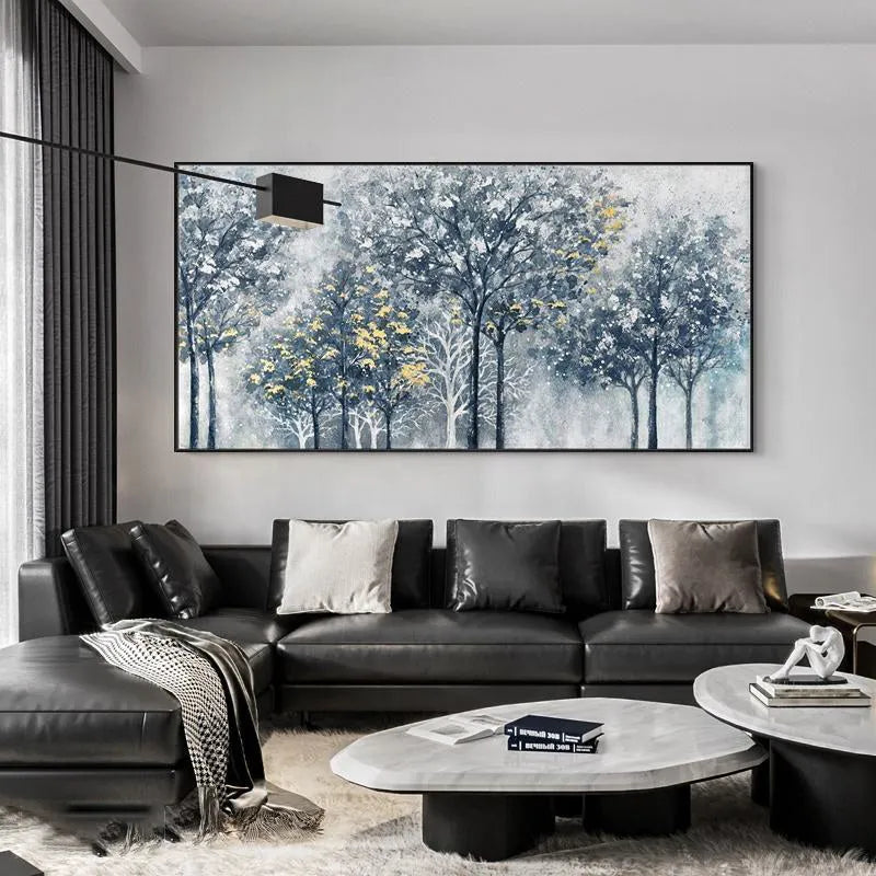 Hand-painted abstract forest tree oil painting on canvas in silver-gray, blue and golden tones, horizontal unframed wall art.