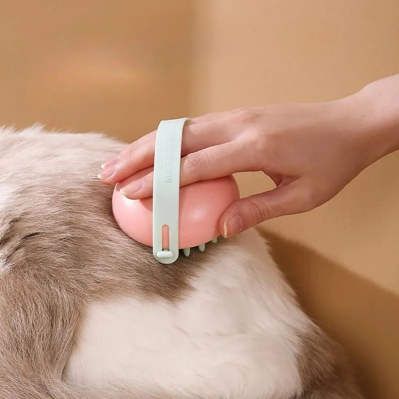Silicone pet bathing brush with plastic handle in blue, pink, white, and yellow colour options