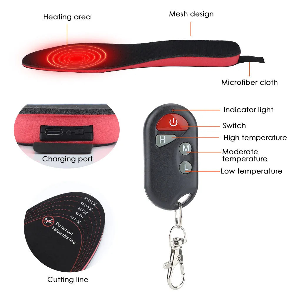 Rechargeable carbon fibre heated insoles for men women, cut to size, 50°C, with remote control