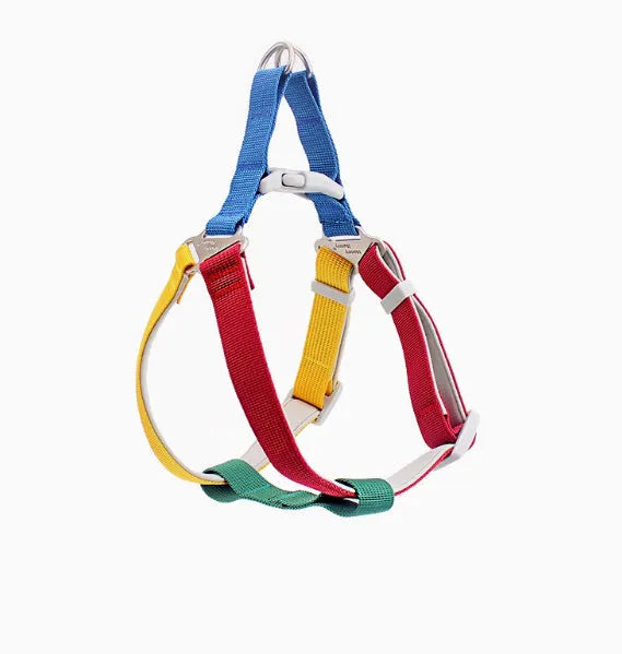 Polyester dog harness and lead set with chest and back strap and hand holding rope, sizes S M L, four colours
