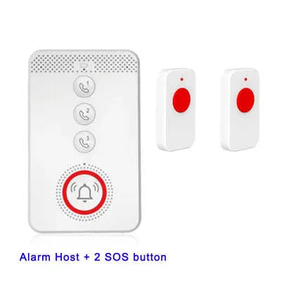 White one-touch voice emergency alert device with a central buzzer and three separate call buttons.