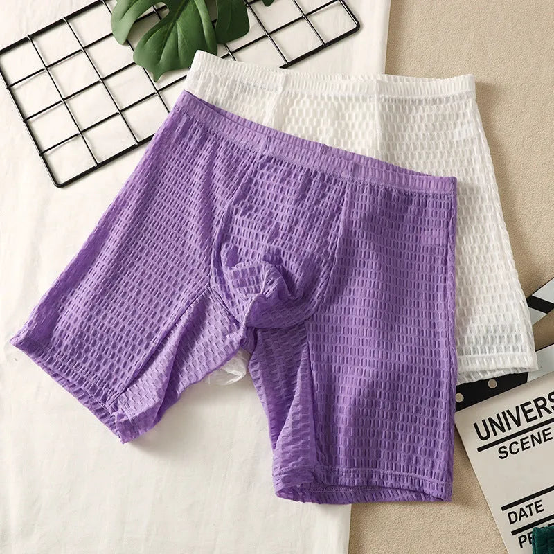 Men's lace shaping boxer underwear in white, black, rose red, green and light purple colours.