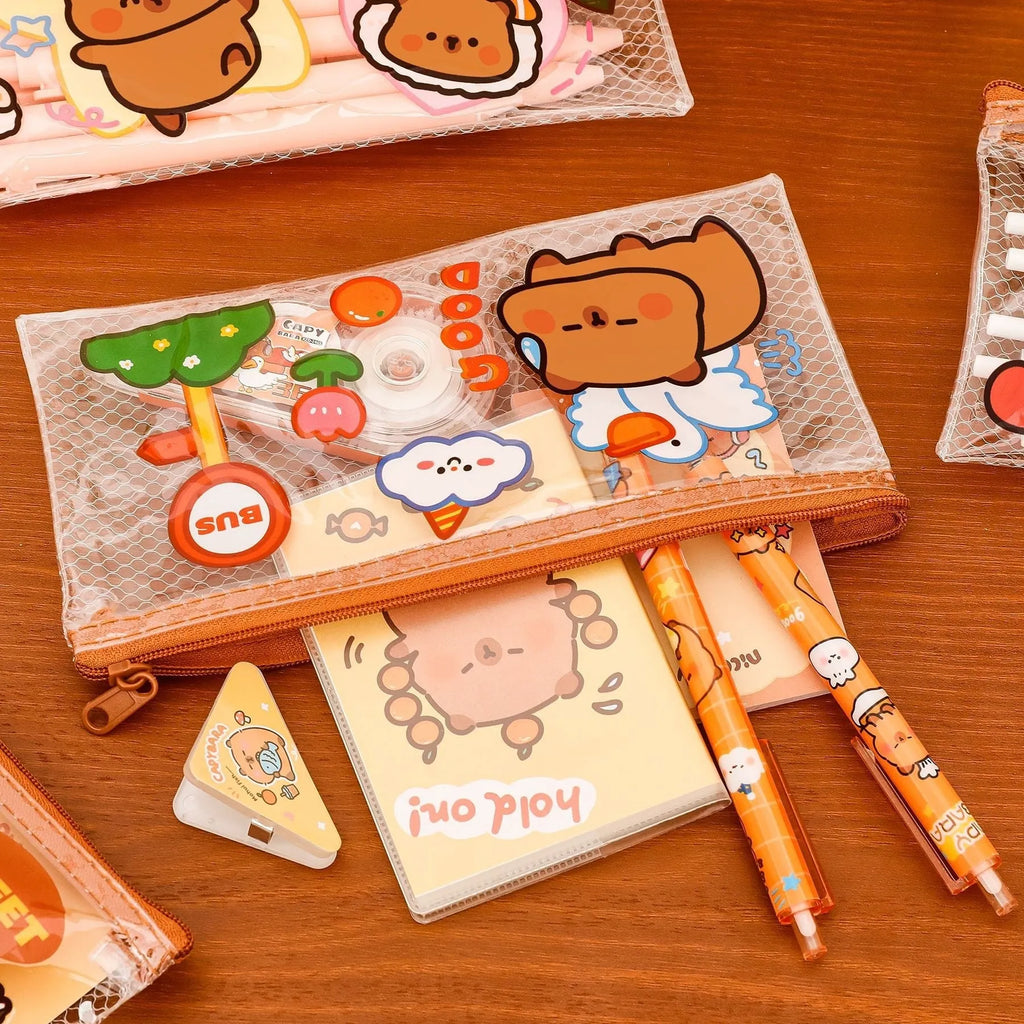 Transparent PVC mesh pencil case with random mixed colour finish, measuring 20x10.3 cm