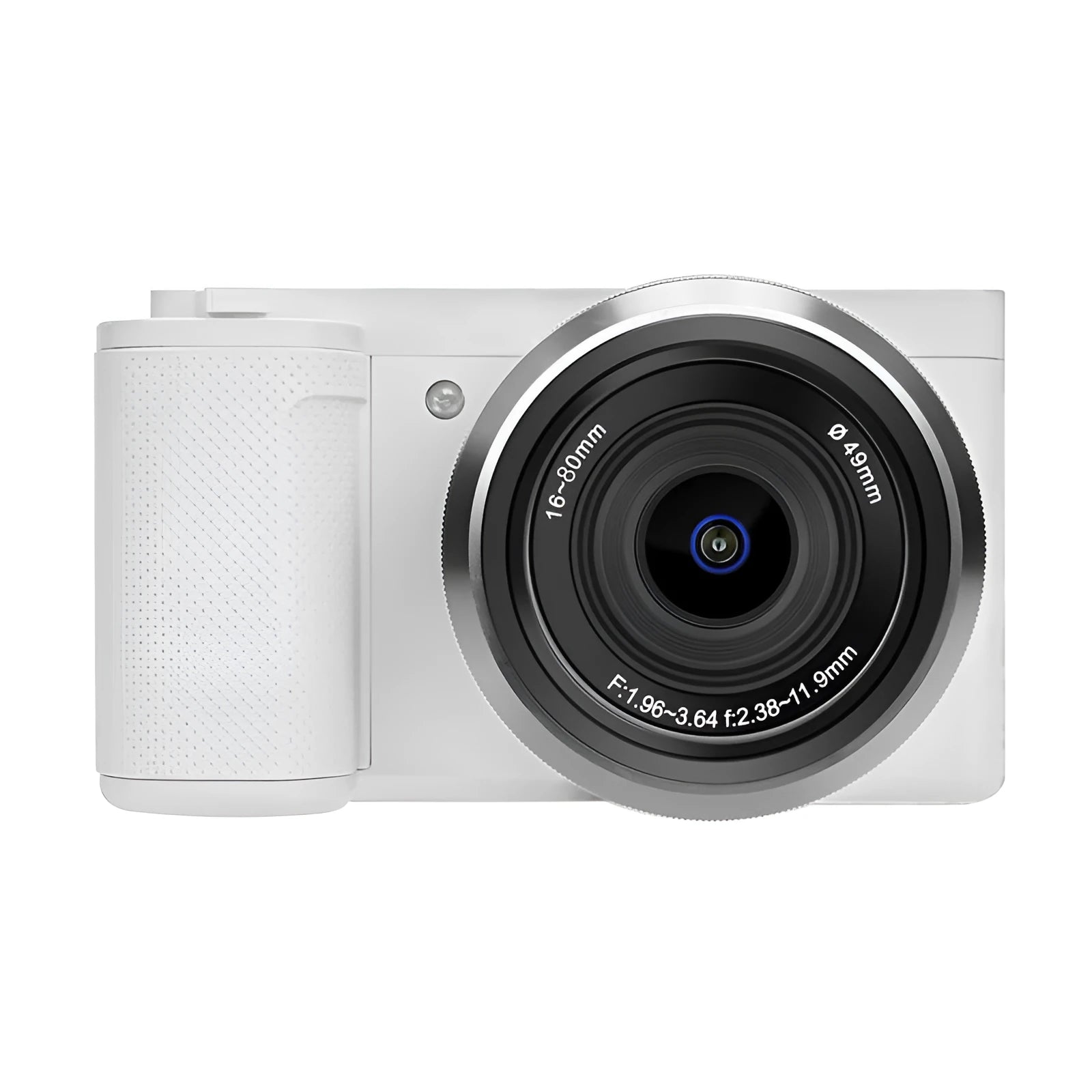 Compact digital camera in black with ultra-wide-angle lens, touch screen, and sling on a white background