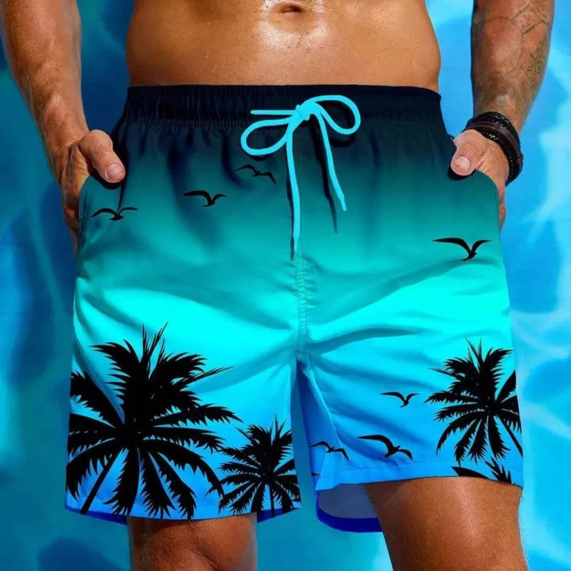 Men's loose fit polyester board shorts in ethnic style pattern for swimming
