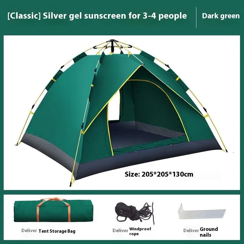 Automatic outdoor camping tent 3-4 person dark green with rain and sun protection