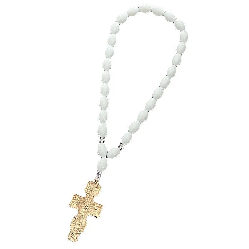 Cross beads metal car rearview mirror pendant with crown and Roman numerals in Ancient Gold finish