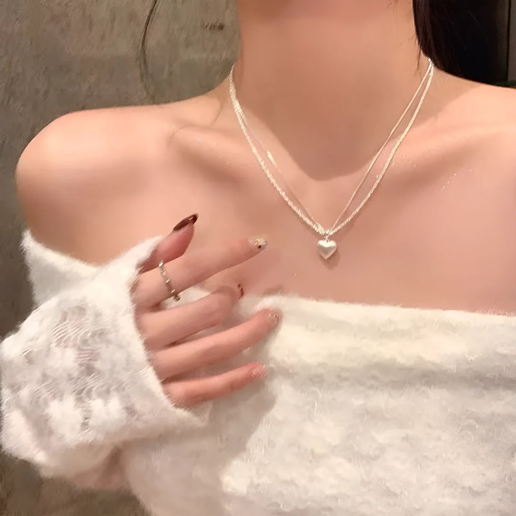 Women's double-layer brushed heart pendant necklace with adjustable silver chain