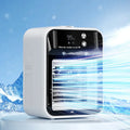 Ivory white portable USB air cooler fan with touchscreen panel on a desk