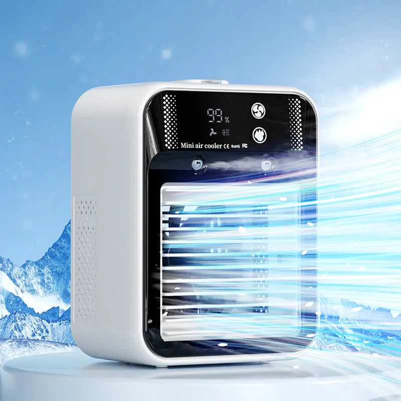Ivory white portable USB air cooler fan with touchscreen panel on a desk