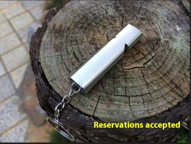 Silver aluminium alloy double-hole survival whistle with cylindrical design and lanyard loop