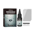 Car windshield nano repair liquid bottle with blade and curing film, dimensions 2.5x9.2cm bottle, 4x2.5cm blade, 6x8cm film.