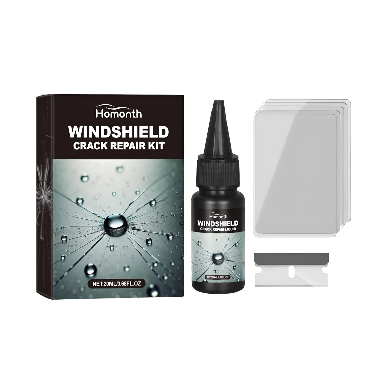 Car windshield nano repair liquid bottle with blade and curing film, dimensions 2.5x9.2cm bottle, 4x2.5cm blade, 6x8cm film.