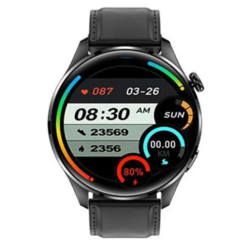 Smartwatch with round colour screen showing access control interface, on a black silicone strap.