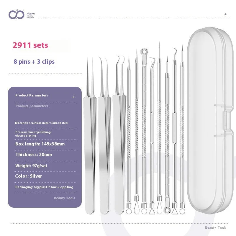 Four silver metal acne needles with ultra-fine pointed tips arranged on a clean surface.