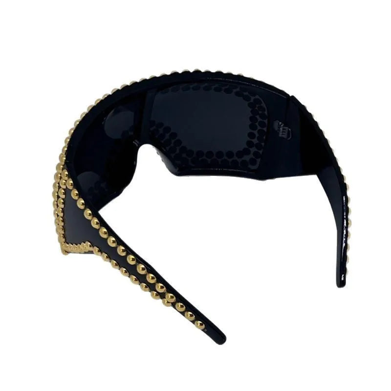 Men's super large rim square sunglasses with rivets, PC frame and lenses, gold finish
