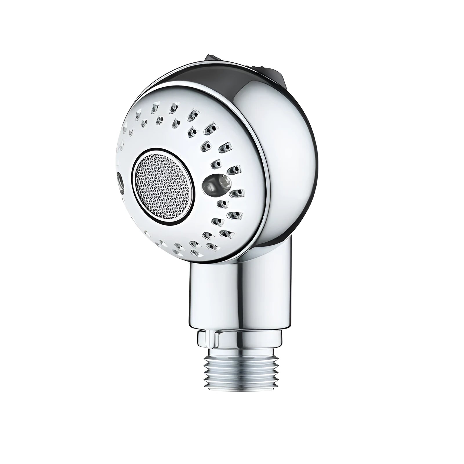 Silver handheld shower head for gentle pet and baby bathing without pressure.