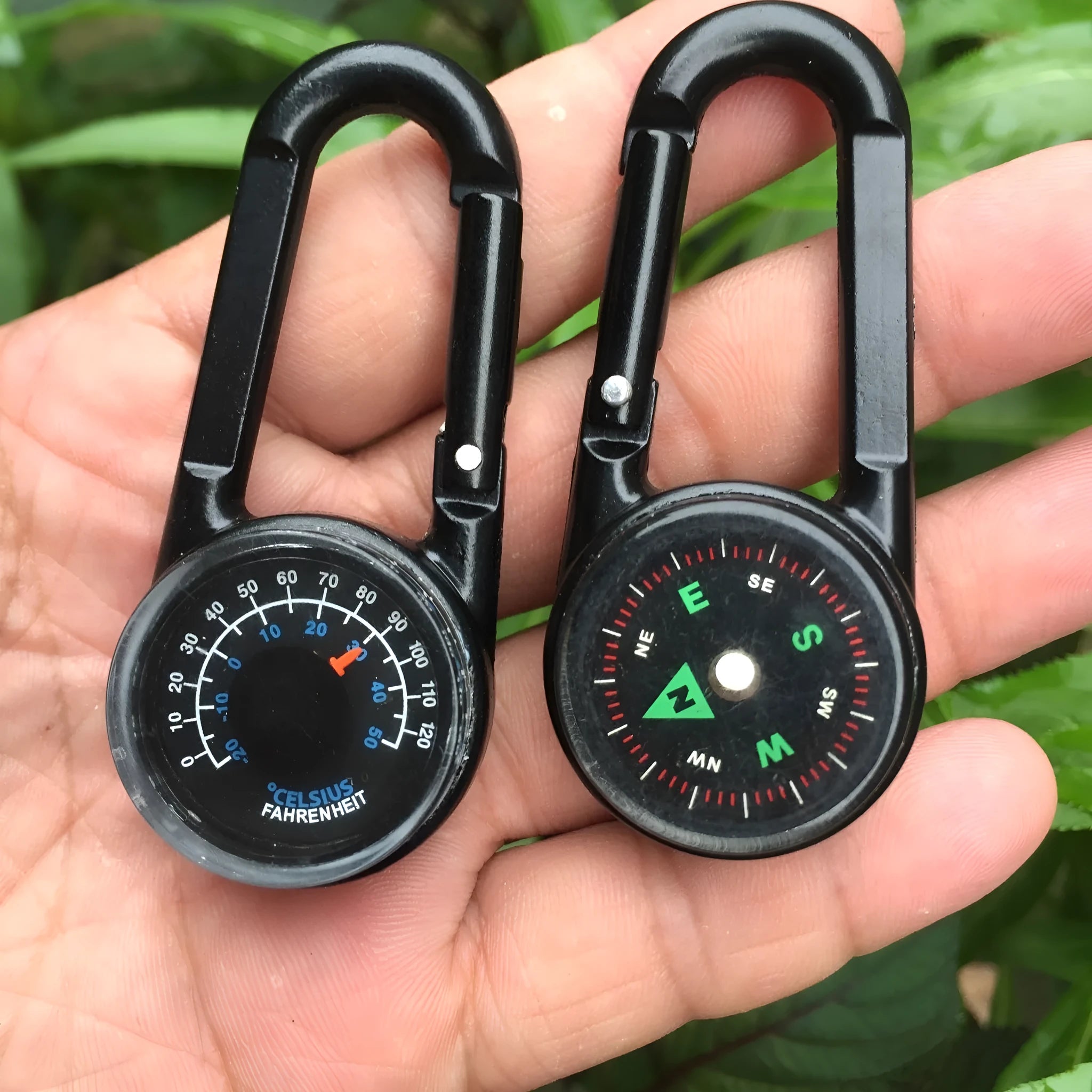Black Army Green rose gold zinc alloy camping carabiner with thermometer and compass display, shown from the side.