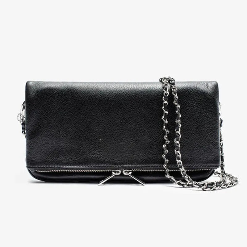 Women's soft PU leather chain folding clutch messenger bag with double straps in black classic colour