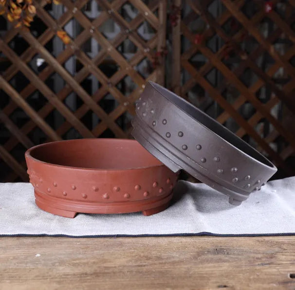 Chinese style purple clay ceramic flowerpot with drum nail design, 16.5cm inner diameter, for indoor tabletop or floor use