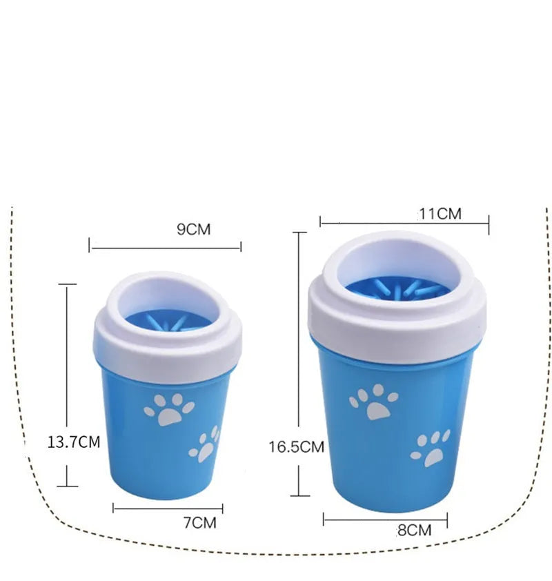 Silicone dog paw cleaner cup with soft bristles, available in blue, green, and pink, sizes M and S