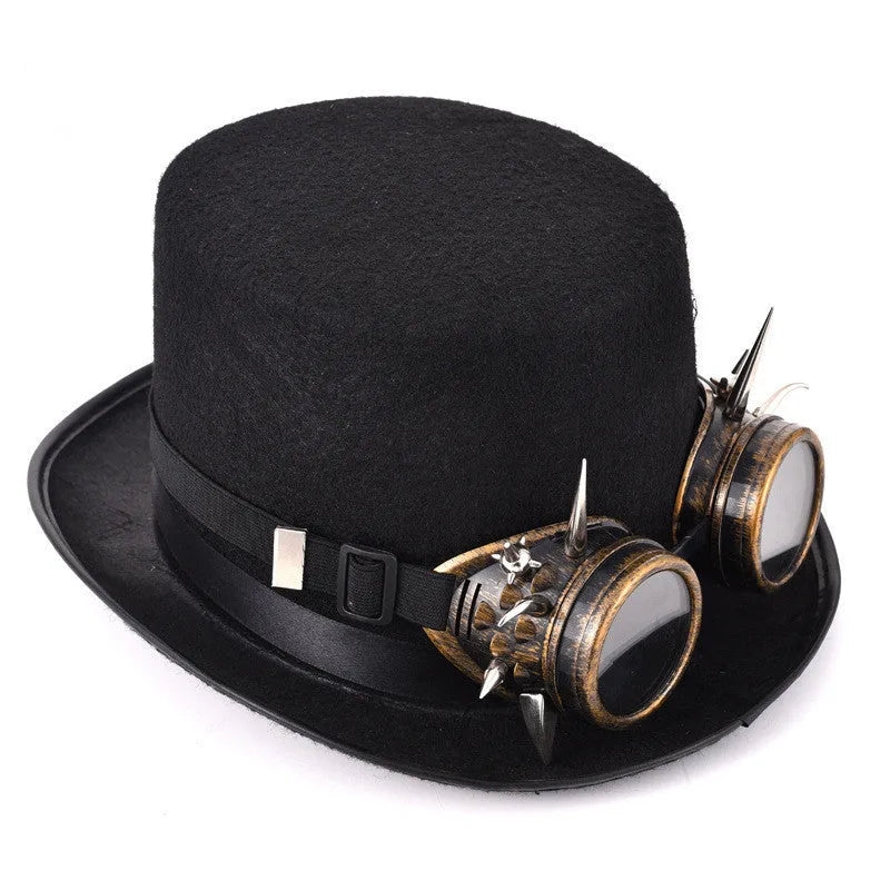 Black steampunk rivet top hat in wool felt with glasses for goth punk and retro costume use