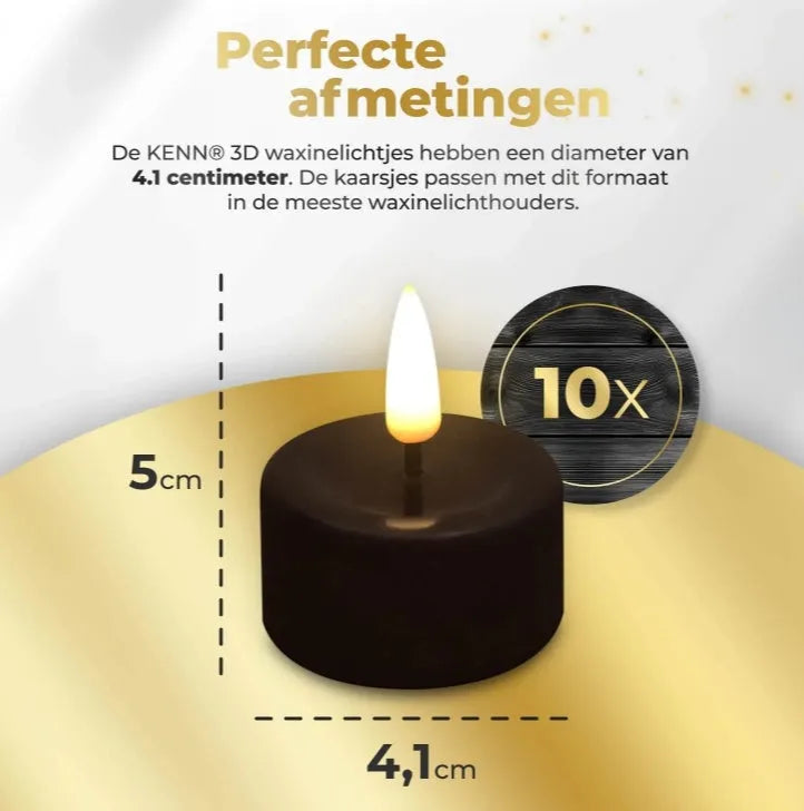 Four black S10 LED tealight candles showing flickering light, next to a ruler showing 4.1cm width.