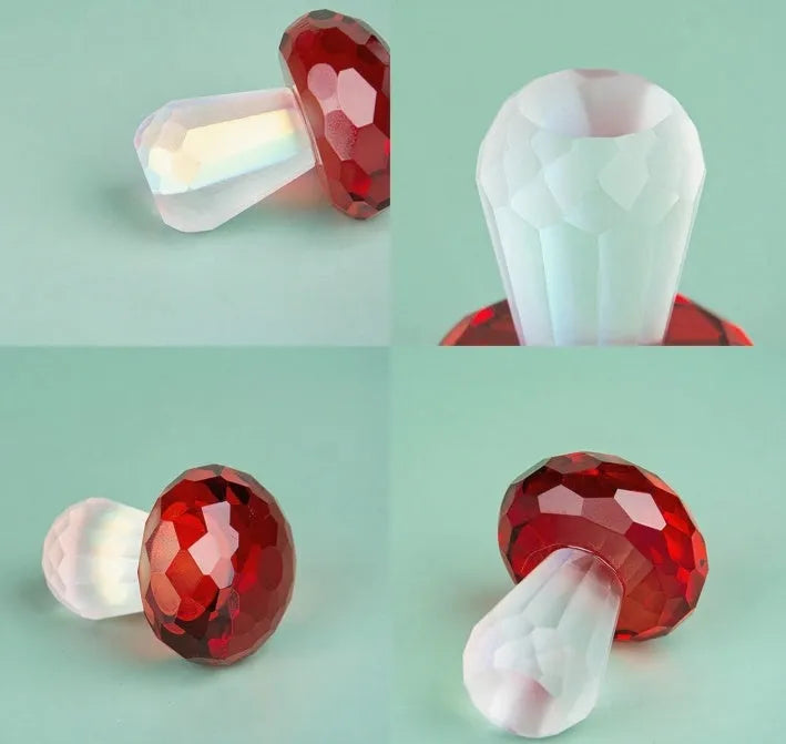Modern geometric crystal mushroom decoration in transparent, green, red, or yellow, 40 by 53 millimetres.